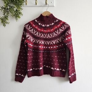American Eagle Fair Isle Knit Mock Neck Wool Blend Burgundy Sweater – Size Small